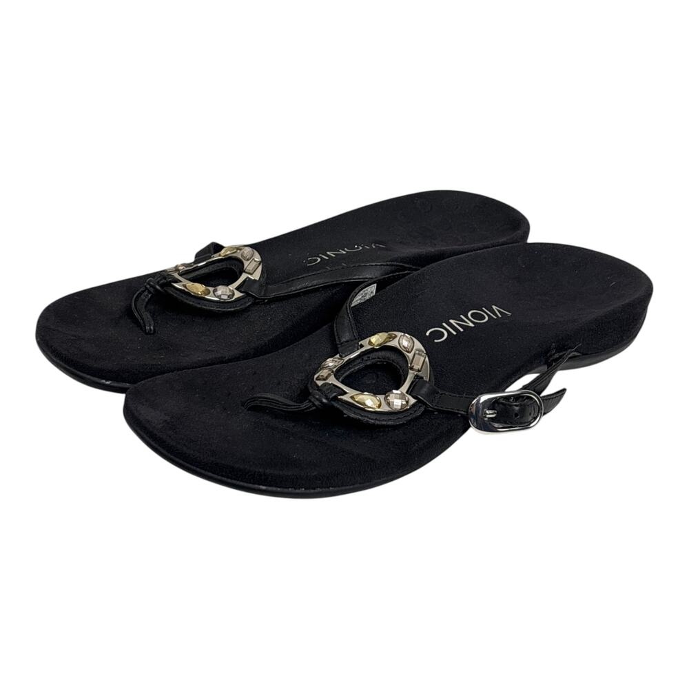 Vionic black thong sandals with slingback buckle strap, rhinestone circle hardwa